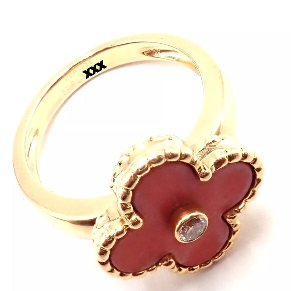 Authentic! Van Cleef & Arpels Alhambra 18k Yellow Gold Coral Diamond Ring PaperA - Picture 10 of 10